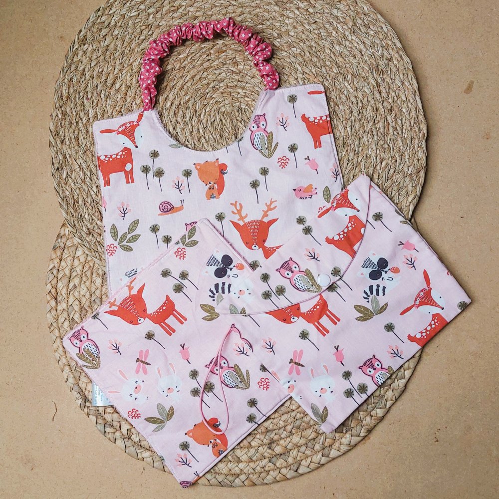 Bavoir bébé élastique + pochette + maxi lingette rose biches--2227431476534