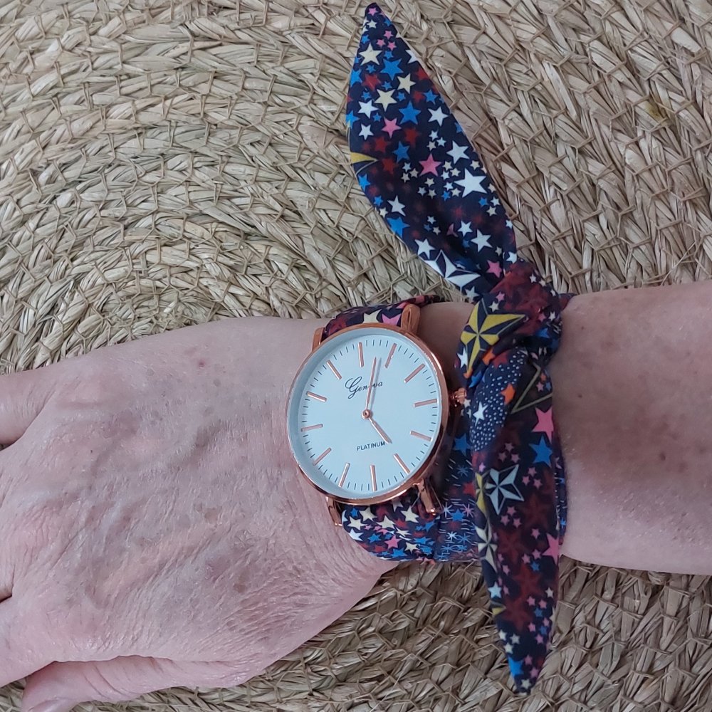 Montre foulard tissu femme bracelet en tissu Liberty adeladja wish bleu--2227080125777