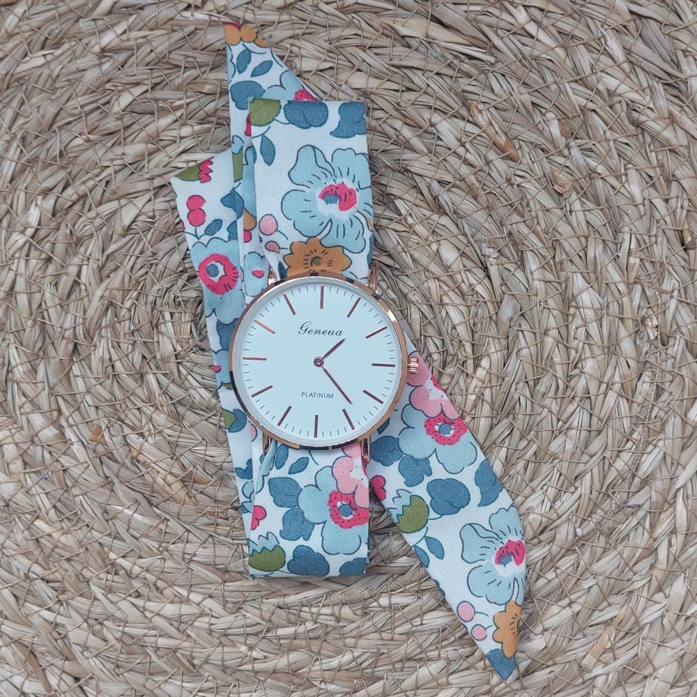 Montre jeune fille bracelet foulard à nouer bracelet tissu Liberty Betsy porcelaine--2227259078378