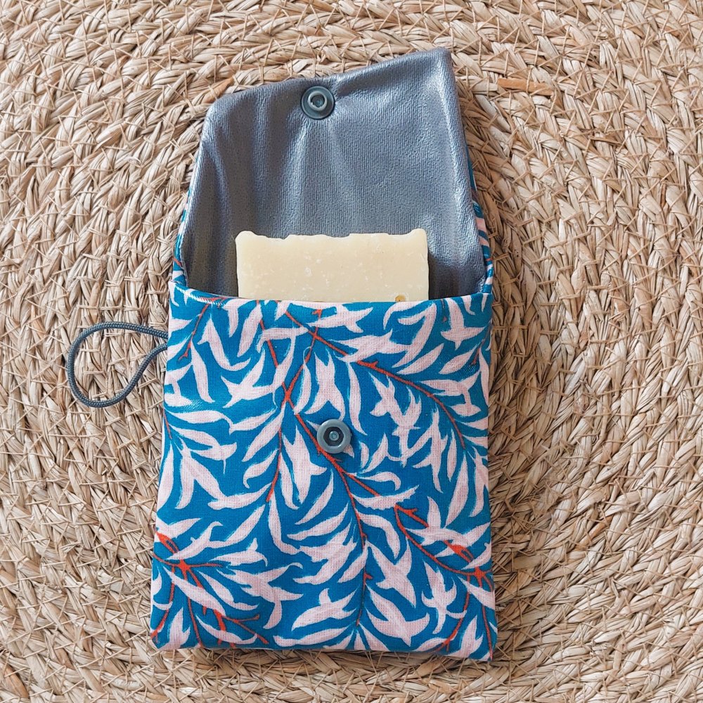 Pochette savon solide mini trousse feuillage japonais bleu--2227403378569