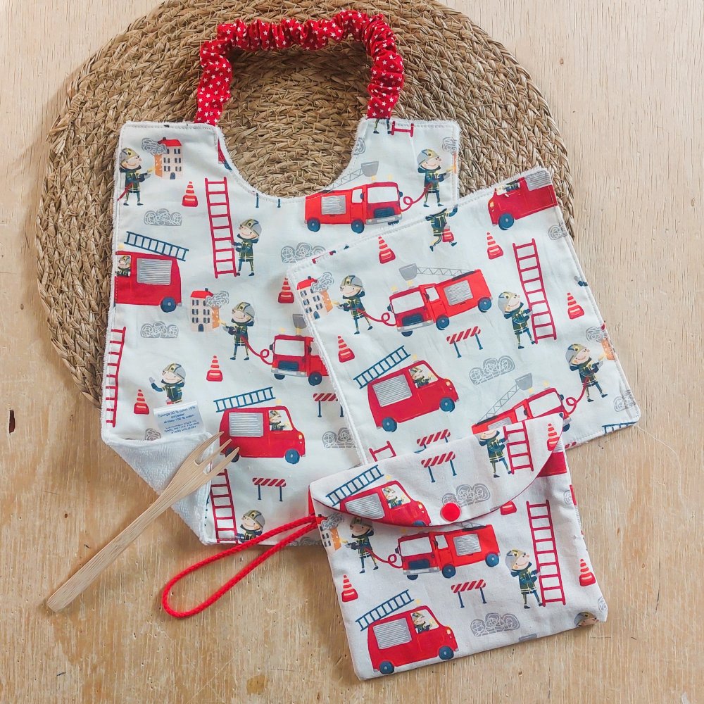 Bavoir bébé élastique + pochette + maxi lingette pompier--2227431493746
