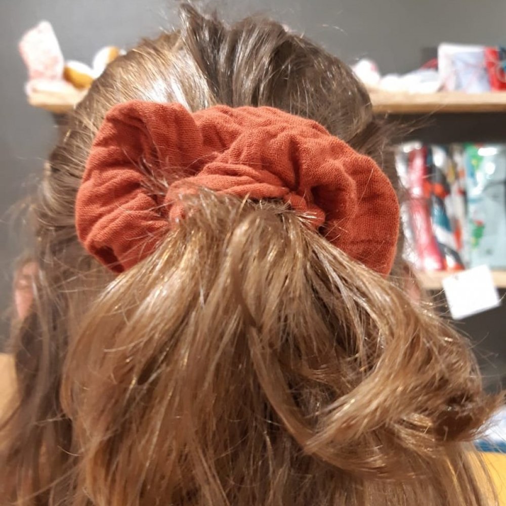 Chouchou cheveux scrunchie double gaze uni rose--2226171839432