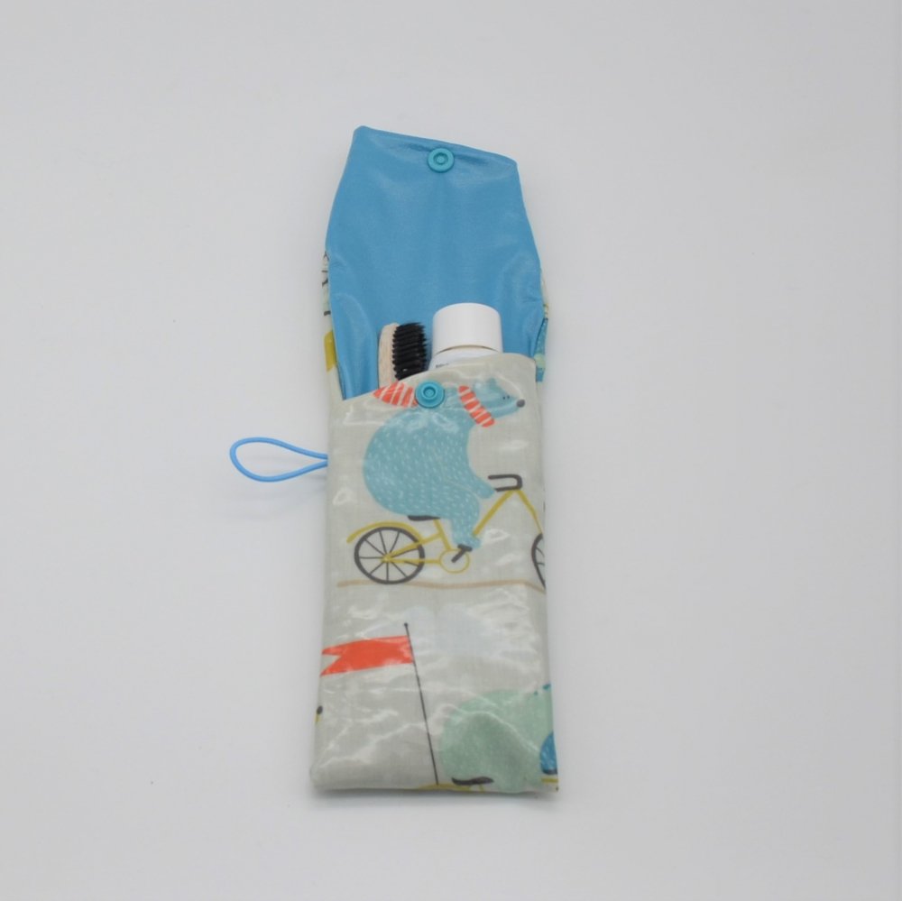 Etui imperméable pour brosse à dent et dentifrice motif ours à vélo--9995825789333