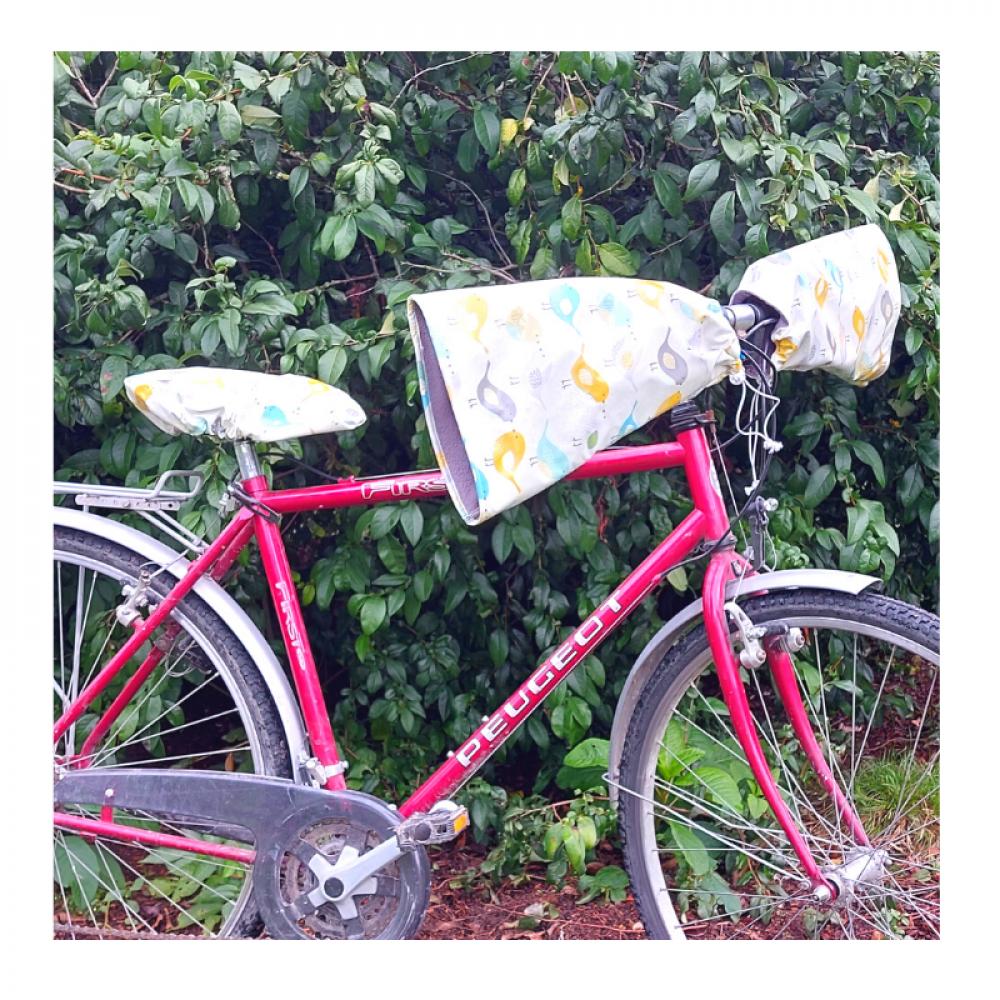 Housse selle de vélo, imperméable en tissu enduit motif oiseaux--2226665324468