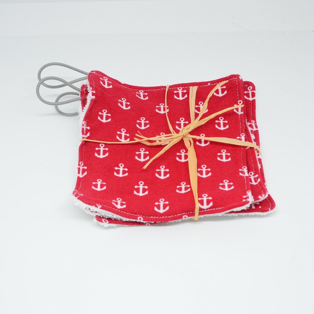 Lingettes lavables Tissu BIO et eponge bambou+ lien, lot de 3, motif ancres fond rouge--9995878943836