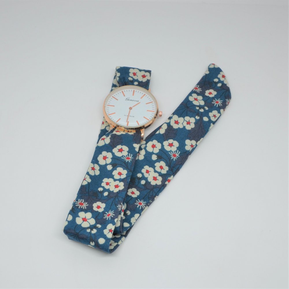 Montre femme ruban bleu nuit tissu à nouer bracelet Liberty mitsi bleu nuit--9996045262965