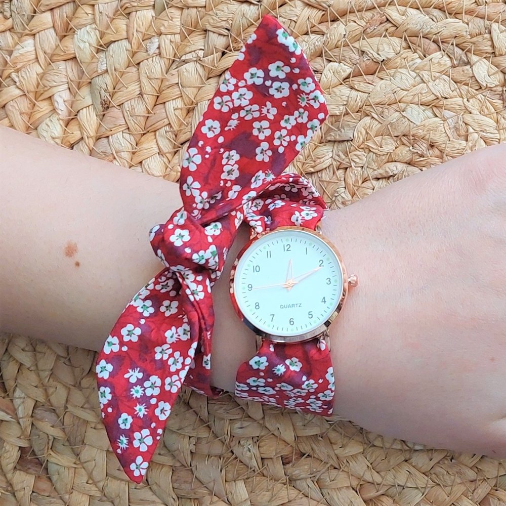 Montre foulard femme rouge bracelet à nouer bracelet Mitsi valeria rouge petit cadran--2226386884203