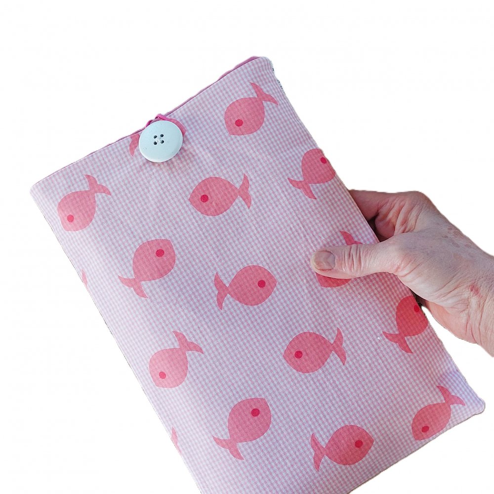 Pochette livre vichy rose- pochette tissu vintage pour roman ou tablette vichy rose poisson - étui livre tablette tissu vintage vichy rose--9997403285367