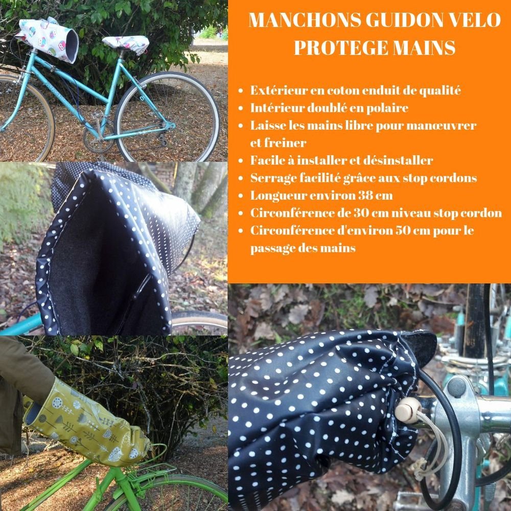 Protege mains guidon vélo impermeable et doublé polaire enduit moutarde motif fleurs et polaire grise--9995411093691