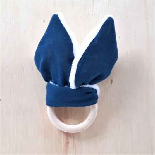 Anneau de dentition double gaze bleu marine et doudou blanc tout doux