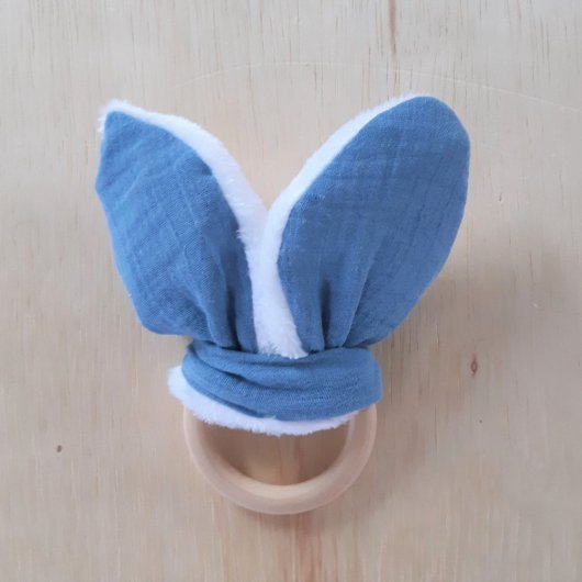 Anneau de dentition double gaze bleu et doudou blanc tout doux