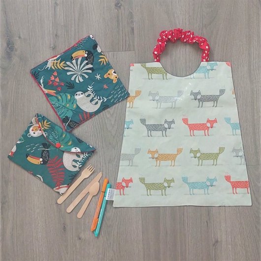 Serviette maternelle élastiquée + pochette + lingette renard/jungle