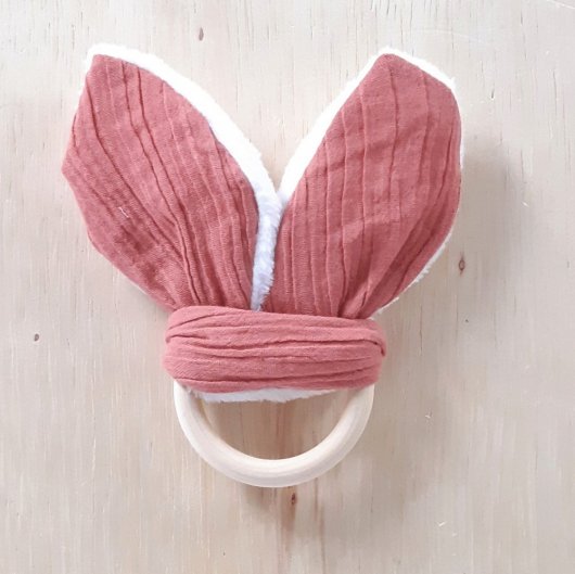 Anneau de dentition double gaze terracota et doudou blanc tout doux