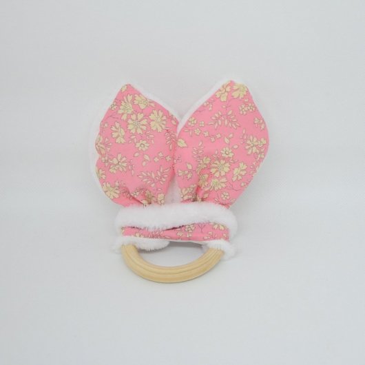 Hochet dentition bebe fille Liberty Capel rose et doudou blanc tout doux