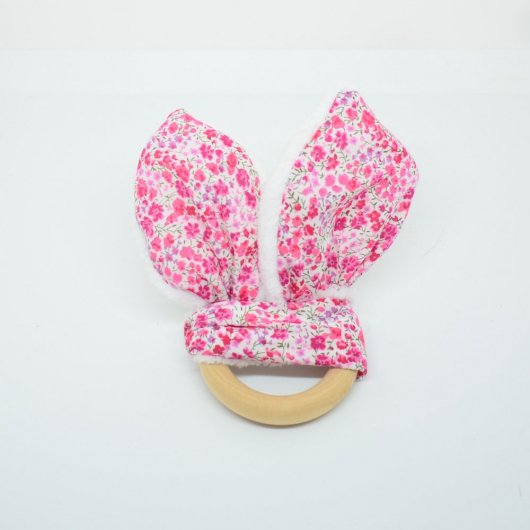 Anneau de dentition Liberty Phoebe rose et doudou blanc tout doux