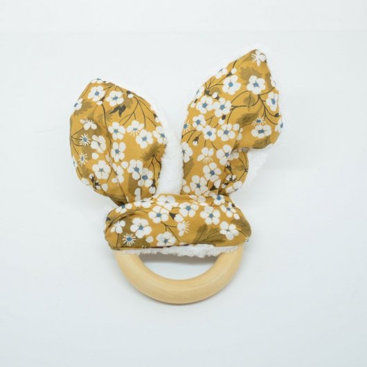 Anneau de dentition Liberty Mitsi moutarde et doudou blanc tout doux