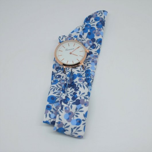 Montre tissu foulard fleurs à nouer bracelet Liberty Wiltshire bleu