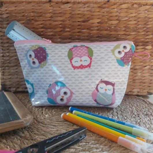 Trousse chouette école ou de toilette, grande taille, bleu motif chouette/hibou