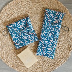 Etui impermeable motif feuillage, pochette brosse à dent/dentifrice et sa pochette savon bleu motif nature