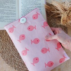 Pochette livre vichy rose- pochette tissu vintage pour roman ou tablette vichy rose poisson - étui livre tablette tissu vintage vichy rose